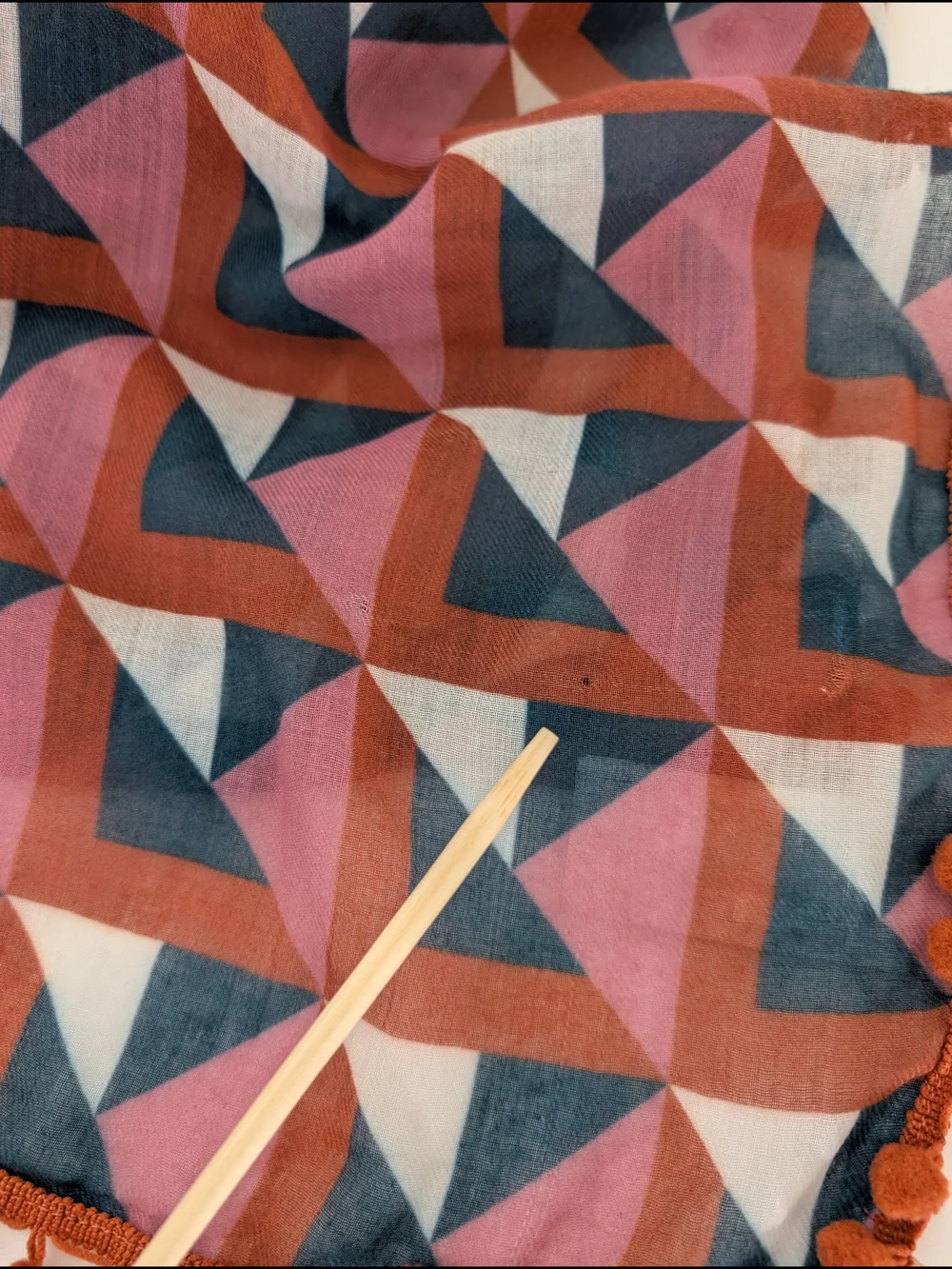 Prana Scarf Geometric Block Print Pom-Pom Trim Oversized 68